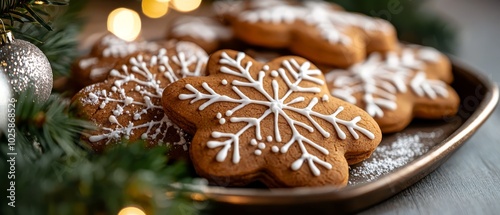 cookies on a plate, nearby Christmas tree adorned with lights