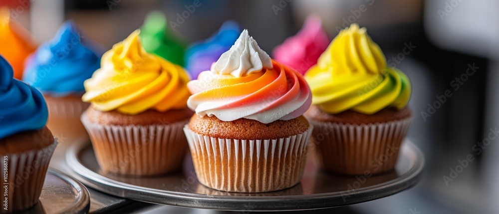 A tight shot of a plate filled with cupcakes, each boasting distinct frosting hues atop A tight shot of a plate filled with cupcakes, each boasting distinct frosting hues atop