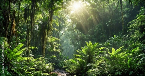 Lush rainforest with sunlight filtering through dense foliage