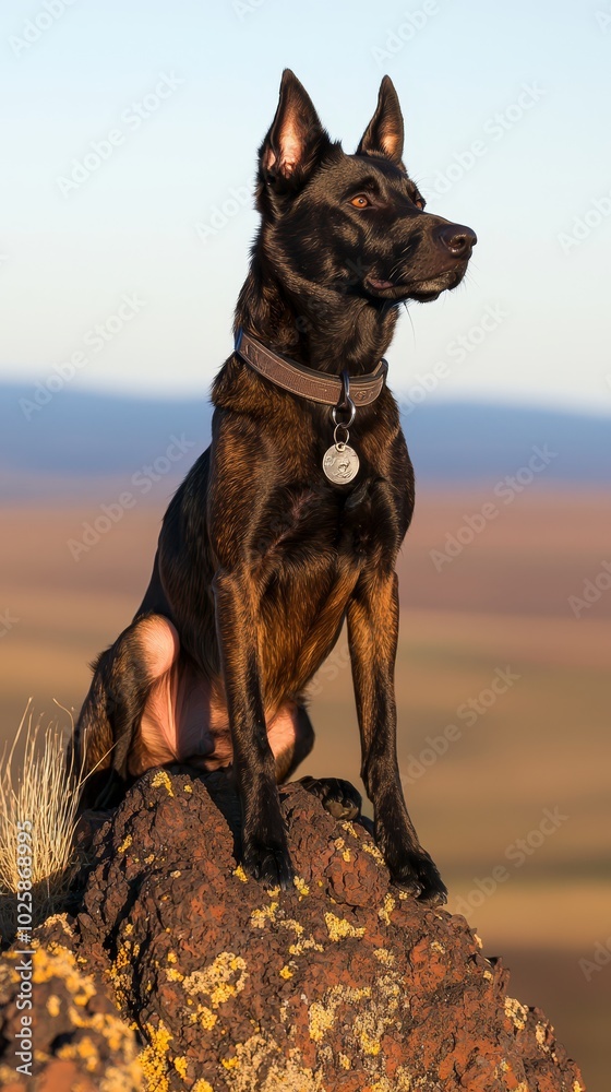 A black-and-brown dog sits atop a rock, beside a brown-and-white dog sporting a collar with a tag A black-and-brown dog sits atop a rock, beside a brown-and-white dog sporting a collar with a tag