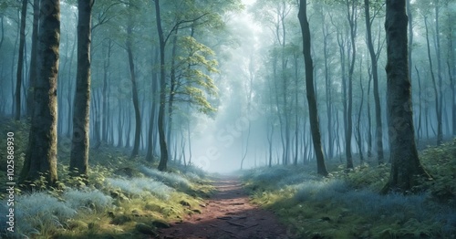 Misty morning in a dense forest, soft light filtering through the trees