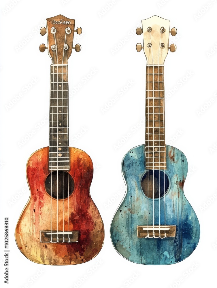 Fototapeta premium Ukuleles, simple, white back, watercolor