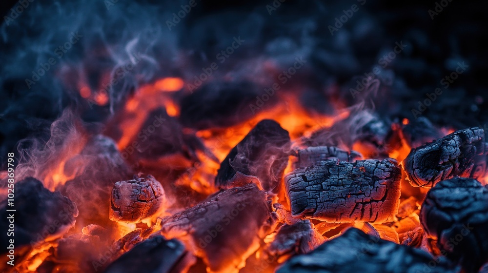 Fototapeta premium Glowing embers and ash with smoke, evoking warmth and the remnants of a fire.