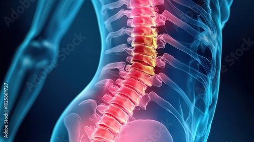 Human spine x-ray highlighting anatomy and back pain illustration