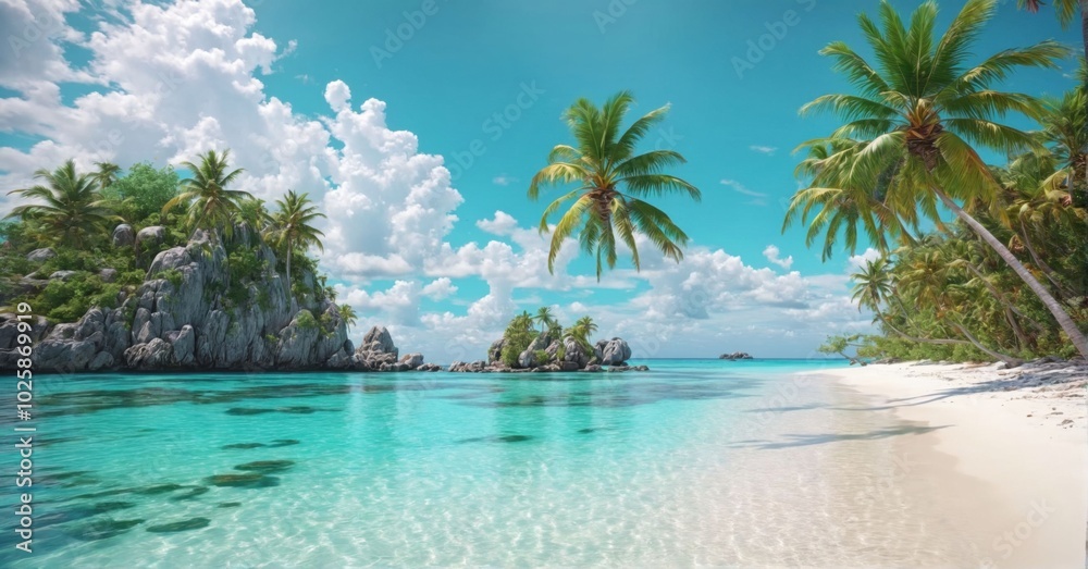 Tropical island with a white sandy beach, crystal clear turquoise water Tropical island with a white sandy beach, crystal clear turquoise water