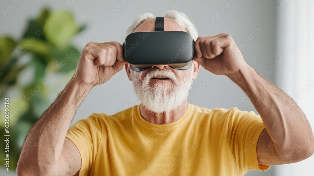 Naklejka premium Senior man using a virtual reality headset for exercise in his living room, modern equipment, bright natural light, and contemporary home decor