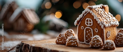  A tight shot of a gingerbread house atop a wooden base Behind it, a small Christmas tree stands photo