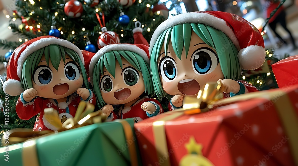 Cute Christmas Anime Dolls with Gifts and Christmas Tree Cute Christmas Anime Dolls with Gifts and Christmas Tree