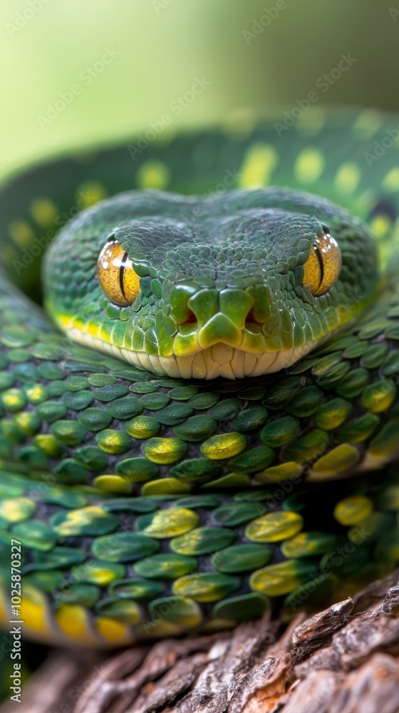 Fototapeta premium green snake exhibiting yellow spots on its head