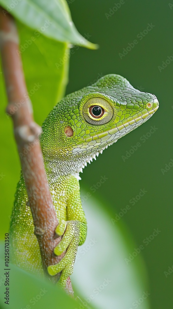 Fototapeta premium A tight shot of a green lizard perched on a branch, with a nearby leaf in the foreground against a backdrop of dense green foliage