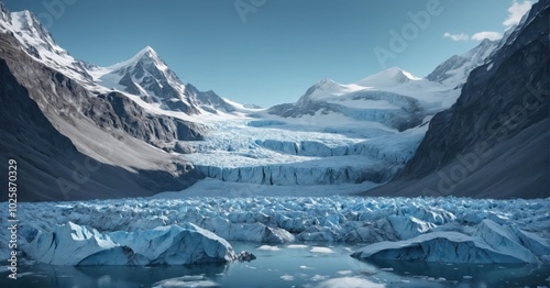 Majestic glacier surrounded by snow-capped mountains, icy blue tones