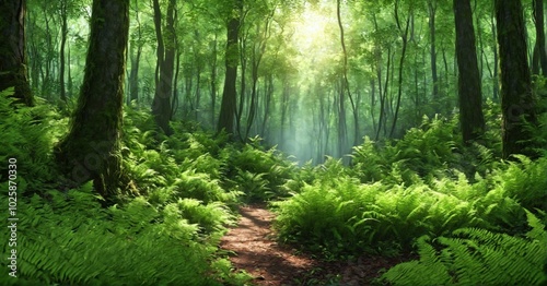 Serene forest with vibrant green ferns, sunlight streaming through the canopy