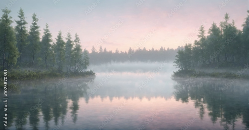 Serene forest lake at dawn, mist rising from the water, soft pastel sky Serene forest lake at dawn, mist rising from the water, soft pastel sky
