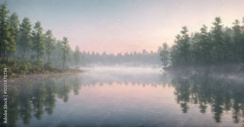 Serene forest lake at dawn, mist rising from the water, soft pastel sky Serene forest lake at dawn, mist rising from the water, soft pastel sky