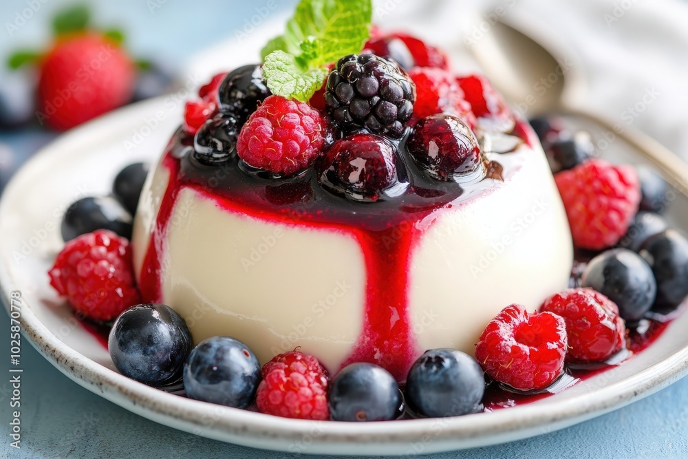 A delicious classic vanilla panna cotta sits elegantly on a plate, adorned with a vibrant mix of fresh berries and a rich berry sauce drizzled over the top, enhancing its appeal. A delicious classic vanilla panna cotta sits elegantly on a plate, adorned with a vibrant mix of fresh berries and a rich berry sauce drizzled over the top, enhancing its appeal.
