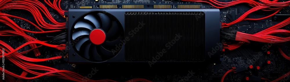 Obraz premium High-performance graphics card with red cables on black background, ideal for gaming and graphic rendering.