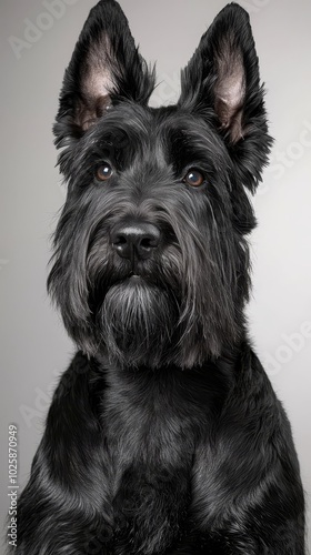  A dog's face, closely framed, sports a black fur coat atop its head against a gray backdrop