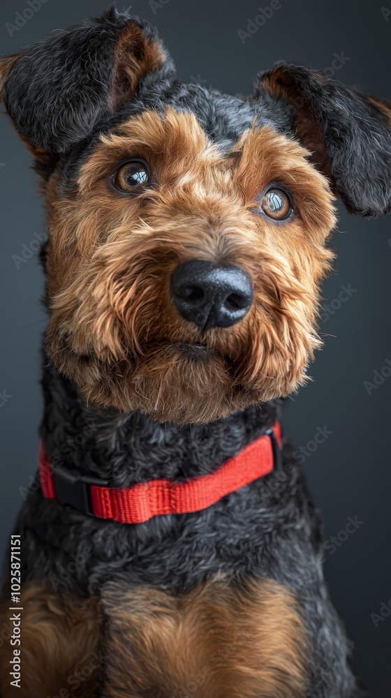 A serious-faced dog in black and brown hues wears a red collar, gazing directly into the camera A serious-faced dog in black and brown hues wears a red collar, gazing directly into the camera