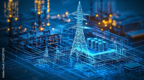 Cybersecure smart grid with secure data transmission between power plants, substations, and smart meters. photo