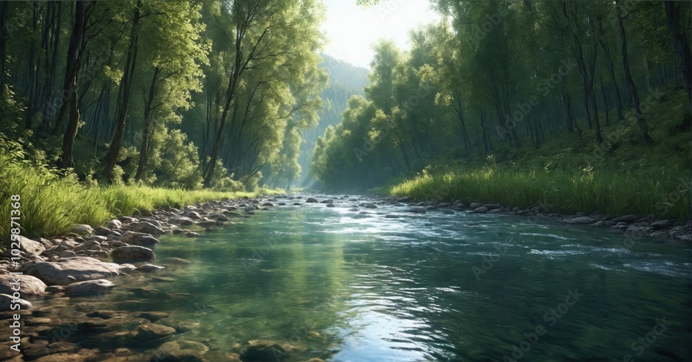 Crystal clear river flowing through a dense forest, sunlight filtering through the trees Crystal clear river flowing through a dense forest, sunlight filtering through the trees