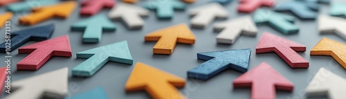 Eclectic mix of colorful direction arrows pointing to different destinations, visual metaphor for navigating life's many decisions, pathway selection