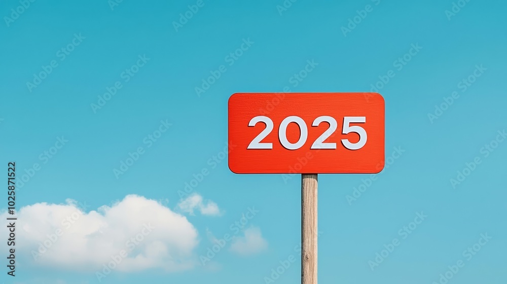 Futuristic vision symbolized by a bright red '2025' sign against a clear blue sky, representing goals, progress, and the anticipation of a new era, new beginnings concept Futuristic vision symbolized by a bright red '2025' sign against a clear blue sky, representing goals, progress, and the anticipation of a new era, new beginnings concept