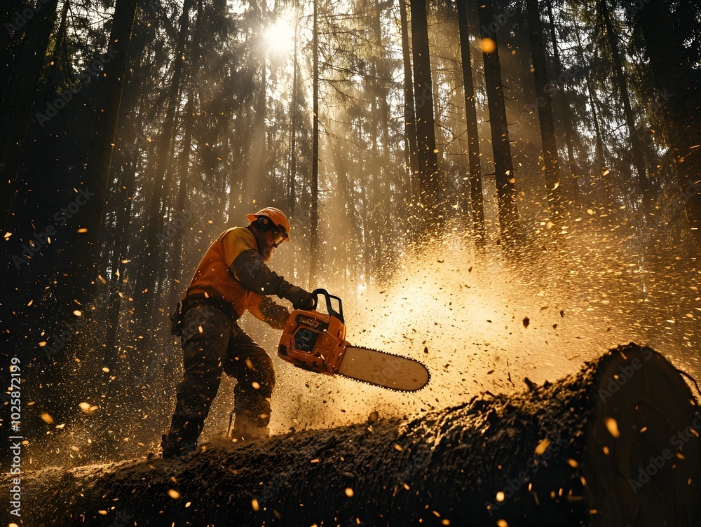 A lumberjack cuts a log with a chainsaw in a forest. A lumberjack cuts a log with a chainsaw in a forest.