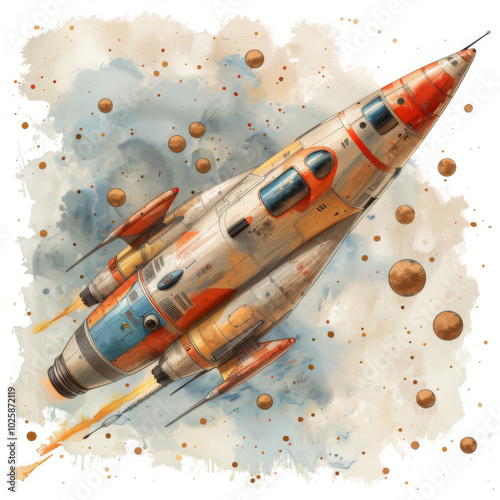   Retro Futuristic Space Rocket in Outer Space watercolor illustration,Soviet vintage spaceship illustration on white background
