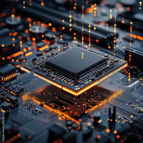 Close-up of a computer chip on a circuit board with glowing connections and intricate details.