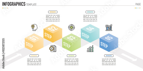Infographic template or element with 5 step, process, option, colorful 3D square, rectangle, box layer, pyramid, funnel, icons on white background for sale slide, minimal modern simple style, origami