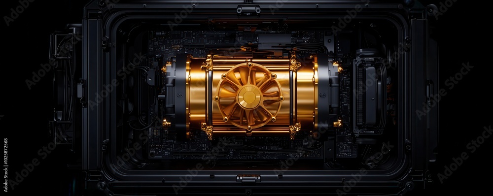 A detailed view of a golden mechanical component on a dark background. A detailed view of a golden mechanical component on a dark background.