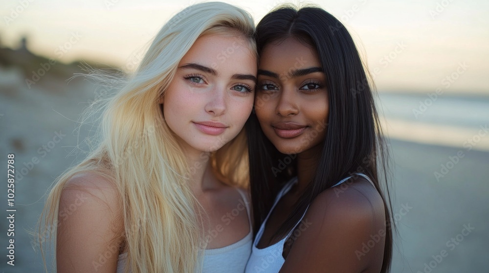 Two women with different skin tones are standing on a beach Two women with different skin tones are standing on a beach