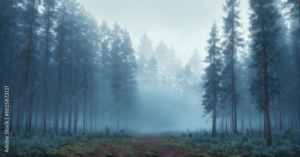 Foggy forest with towering pine trees, early morning light Foggy forest with towering pine trees, early morning light