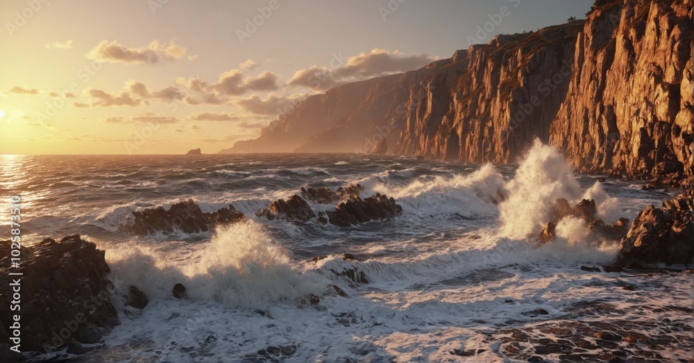 Rocky coastline with crashing waves at sunset, golden light Rocky coastline with crashing waves at sunset, golden light