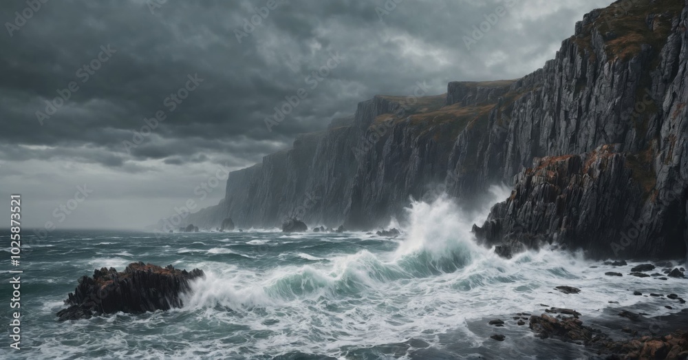 Rocky coastline with crashing waves, dramatic cliffs Rocky coastline with crashing waves, dramatic cliffs