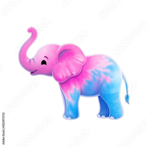 Cute Pastel Elephant Sticker with Tie-Dye Pink and Blue Fur in Cartoon Style on Transparent Background