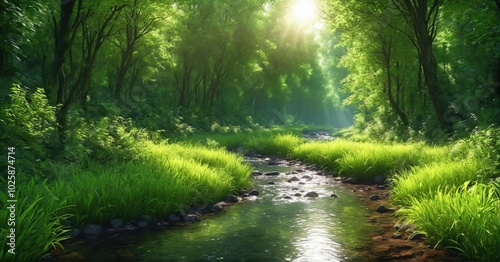 Wallpaper Mural Lush green forest with a small stream, sunlight filtering through dense foliage Torontodigital.ca