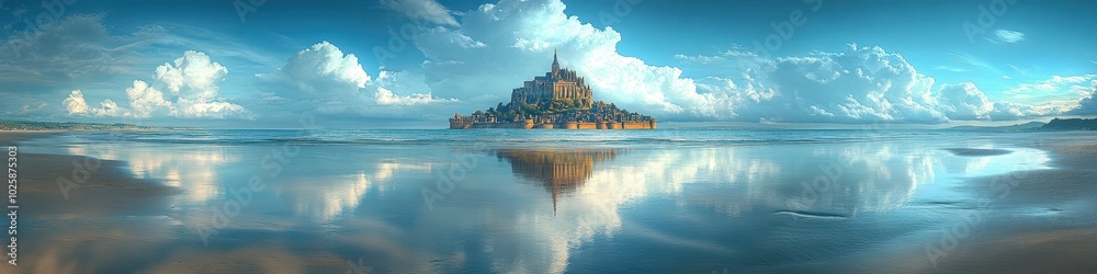 Naklejka premium Enchanting island fortress reflected in tranquil waters under a vast blue sky with clouds.