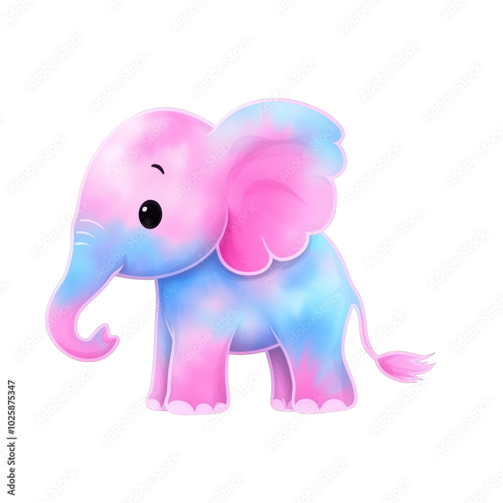 Cute Pastel Elephant Sticker with Tie-Dye Pink and Blue Fur in Cartoon Style on Transparent Background