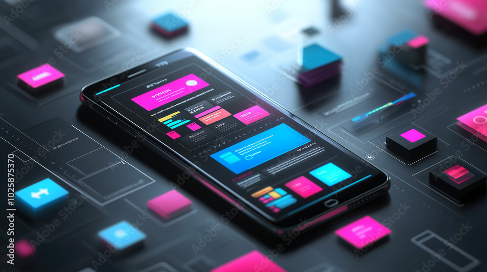 Creative render of a smartphone displaying a vibrant digital interface layout Creative render of a smartphone displaying a vibrant digital interface layout