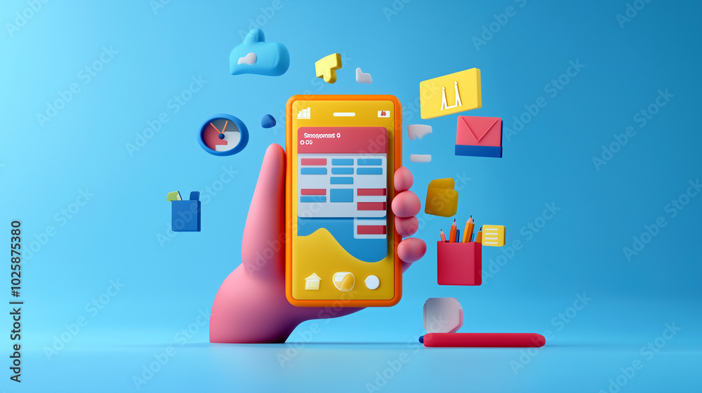 A colorful hand holding a smartphone surrounded by vibrant digital icons in a bright environment A colorful hand holding a smartphone surrounded by vibrant digital icons in a bright environment