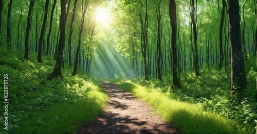 Serene forest trail with sunlight filtering through the trees