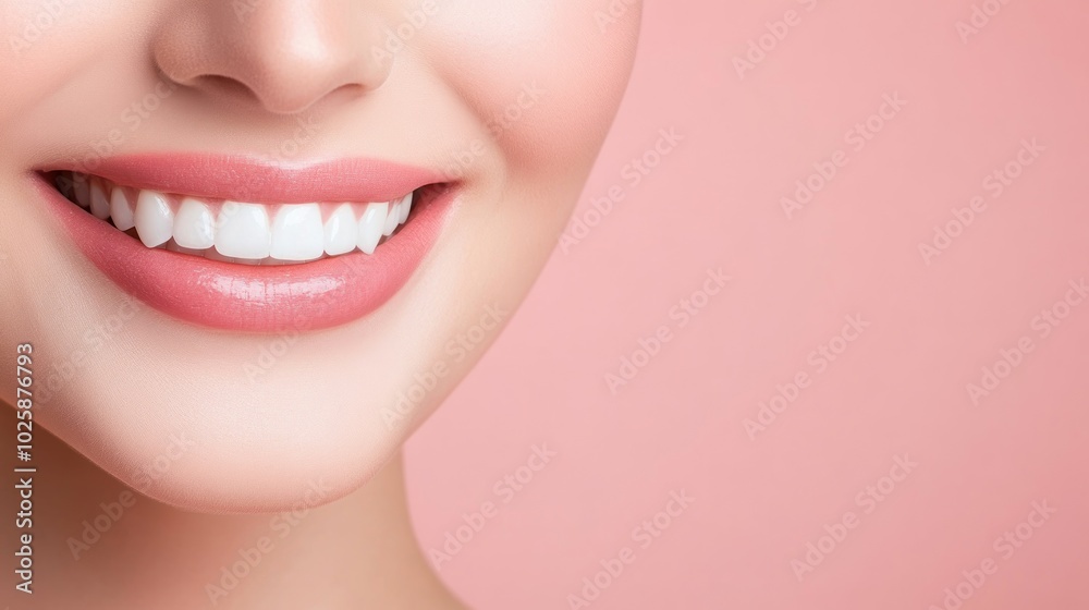 Close-up of a woman's smile with white teeth and pink lips