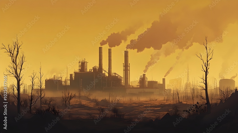 An impactful illustration of a factory amidst a desolate landscape, featuring withered trees and a brownish haze enveloping the area, highlighting the industrial influence on nature and the An impactful illustration of a factory amidst a desolate landscape, featuring withered trees and a brownish haze enveloping the area, highlighting the industrial influence on nature and the