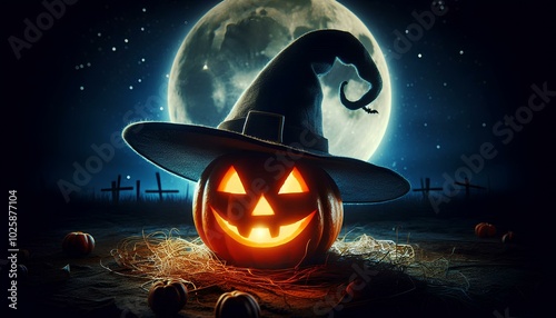 Halloween pumpkin and witch hat in moonlight photo