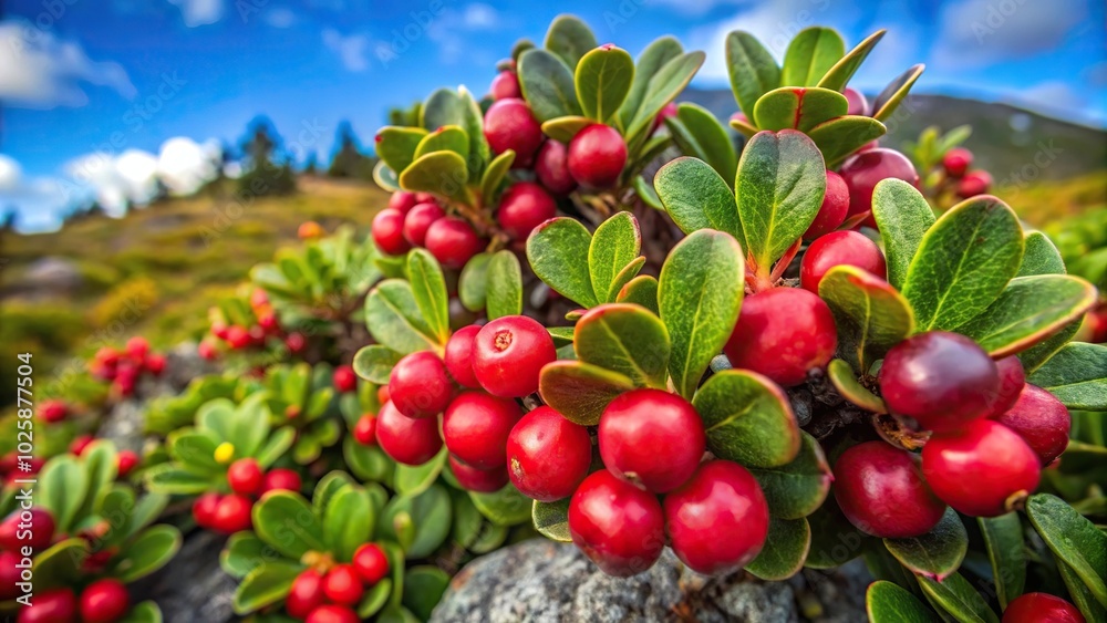Close-up view of bearberry leaves and ripe berries, known for medicinal properties Close-up view of bearberry leaves and ripe berries, known for medicinal properties