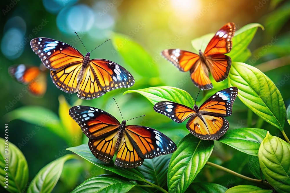 Close-up view of butterflies perched on green leaves Close-up view of butterflies perched on green leaves