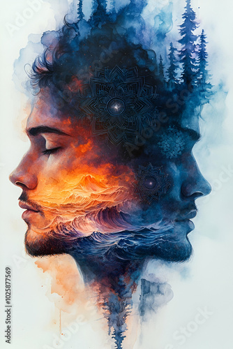 A painting of two faces with one face being a reflection of the other. The painting has a dreamy, surreal feel to it