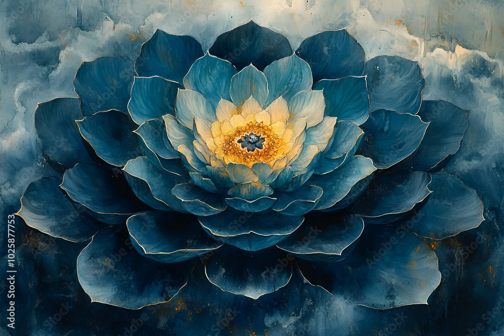 A blue flower with yellow center. The flower is surrounded by a blue background. The flower is the main focus of the painting A blue flower with yellow center. The flower is surrounded by a blue background. The flower is the main focus of the painting