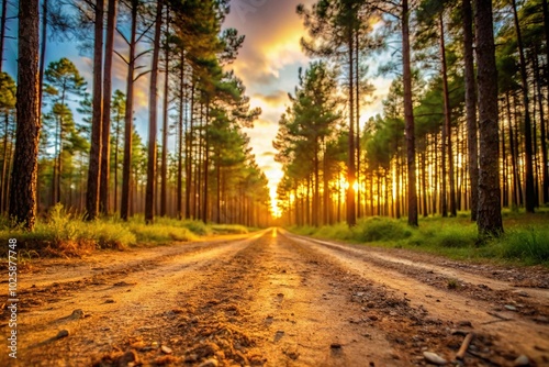 close-up view of dirt road in pine forest at sunset